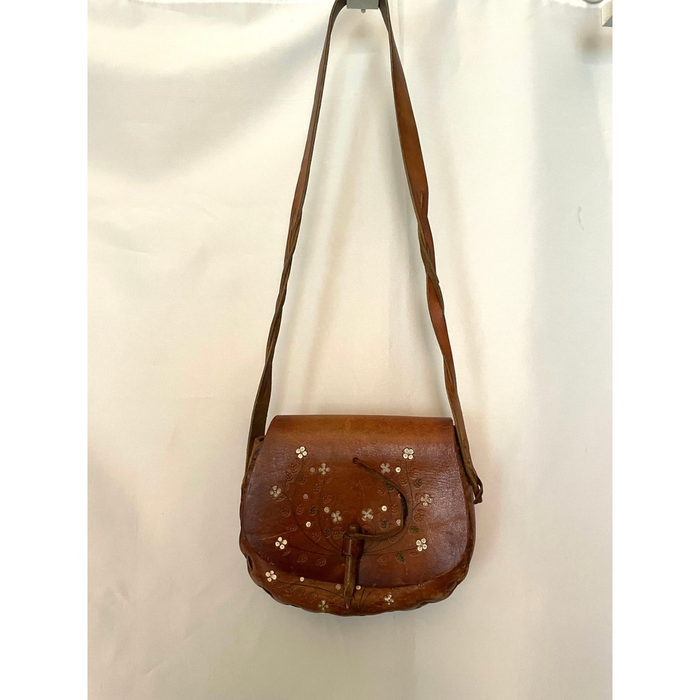 Vintage Handmade Leather Crossbody Bag Floral Tooled Boho Saddle Purse Brown